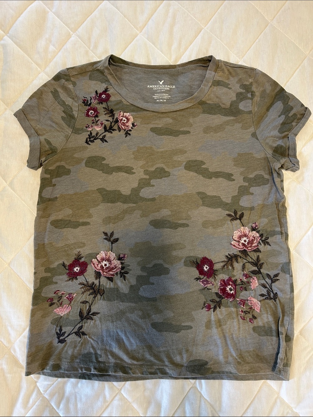 American Eagle Outfitters Olive Camo Tee with Pink & Burgundy Floral Embroidery
